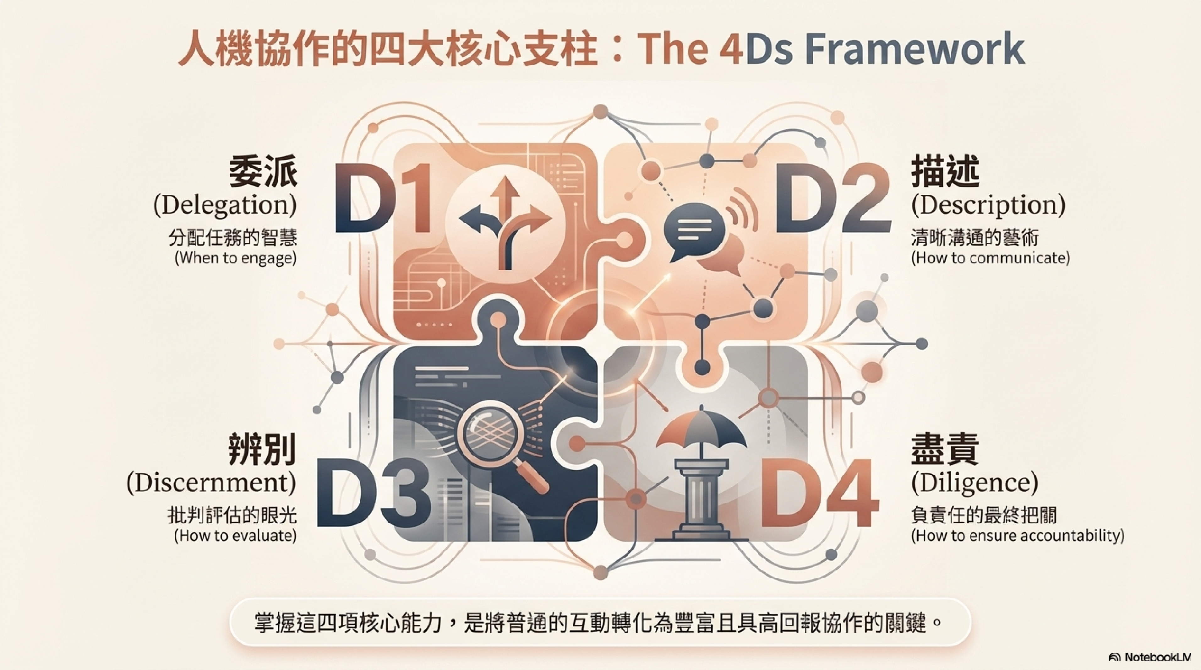 人機協作的四大核心支柱：委派（D1，When to engage）、描述（D2，How to communicate）、辨別（D3，How to evaluate）、盡責（D4，How to ensure accountability）