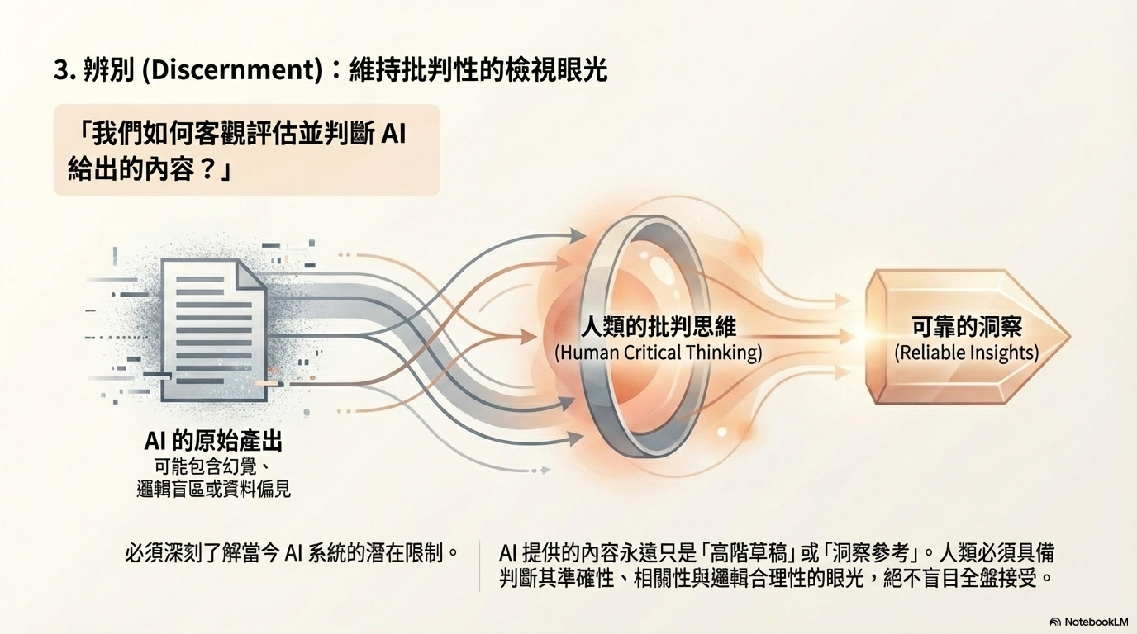 辨別（Discernment）：維持批判性的檢視眼光——AI 提供的內容只是「高階草稿」或「洞察參考」，人類必須具備判斷其準確性、相關性與邏輯合理性的眼光