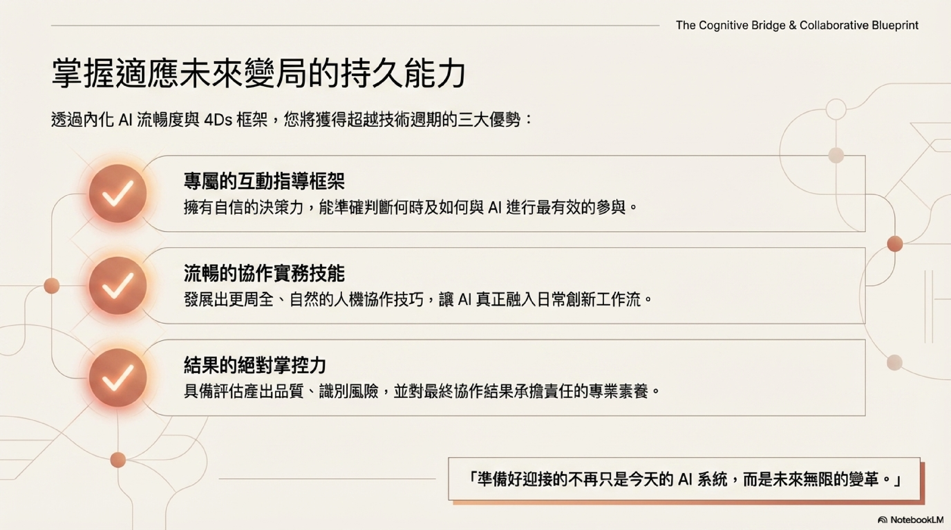 掌握適應未來變局的持久能力：透過內化 AI 流暢度與 4Ds 框架，獲得超越技術週期的三大優勢——互動指導框架、流暢協作實務技能、結果的絕對掌控力