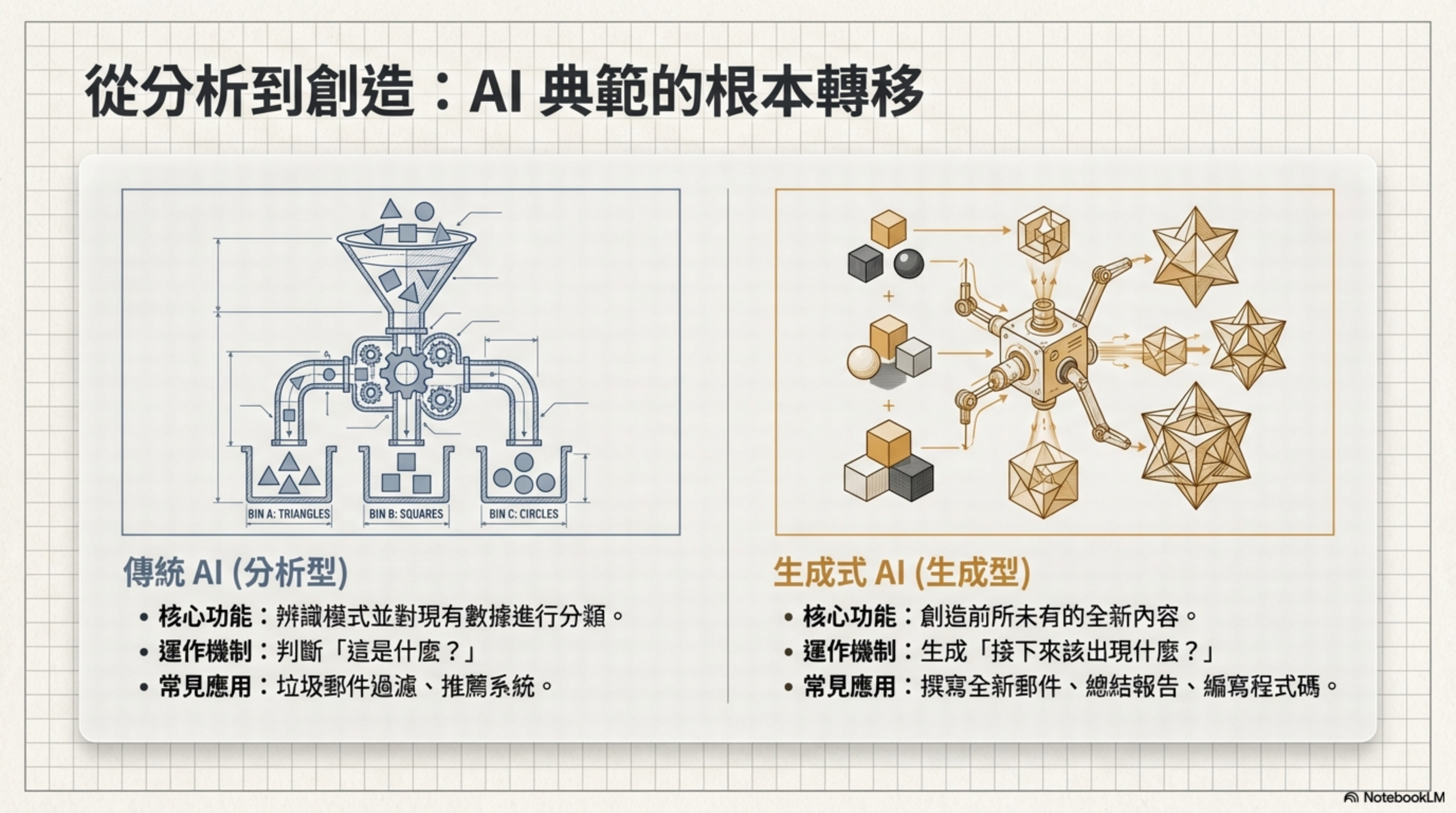 從分析到創造:AI 典範的根本轉移——傳統 AI 判斷「這是什麼」,生成式 AI 生成「接下來該出現什麼」,核心差異在於創造全新內容而非分類既有數據