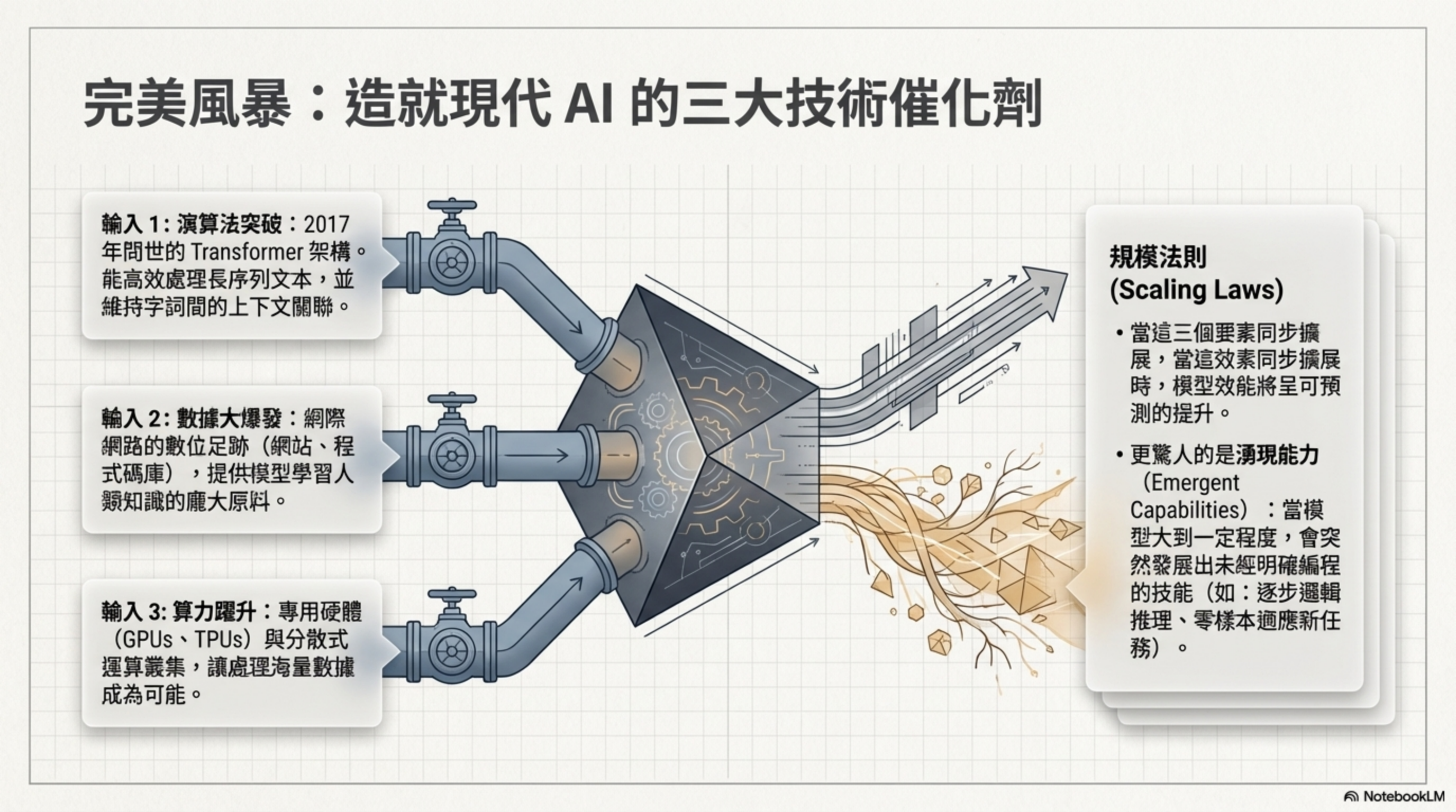 完美風暴:造就現代 AI 的三大技術催化劑——① 2017 年 Transformer 架構突破、② 數據大爆發(網路、書籍、程式碼)、③ 算力躍升(GPU / TPU),三者協同觸發「湧現能力」