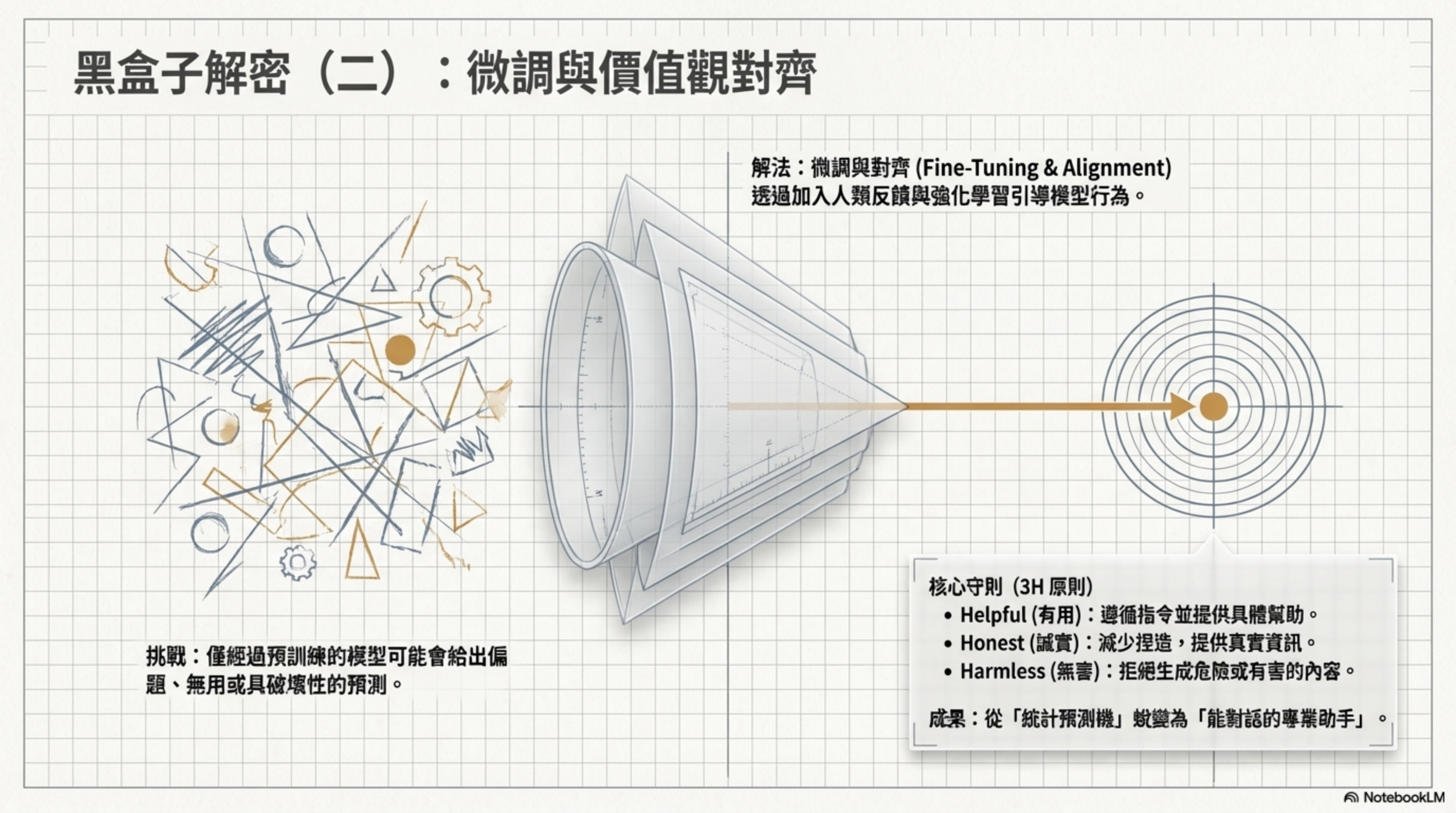 黑盒子解密(二):微調與價值觀對齊——透過人類反饋(RLHF)讓模型遵守 3H 原則:Helpful(有用)、Honest(誠實)、Harmless(無害),從「統計預測機」蛻變為「能對話的專業助手」
