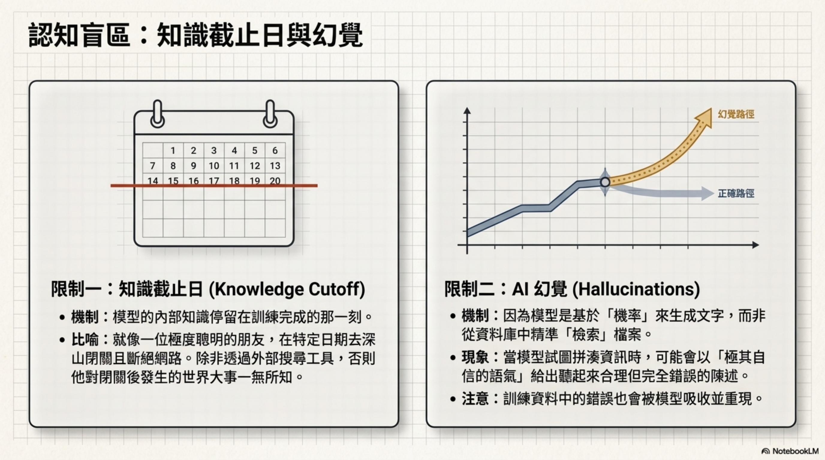 認知盲區:知識截止日與幻覺——限制一:訓練完成當刻即「封存」,不知截止日後的事;限制二:AI 幻覺(Hallucination)——基於機率而非事實庫,可能生成聽起來合理但實際錯誤的內容