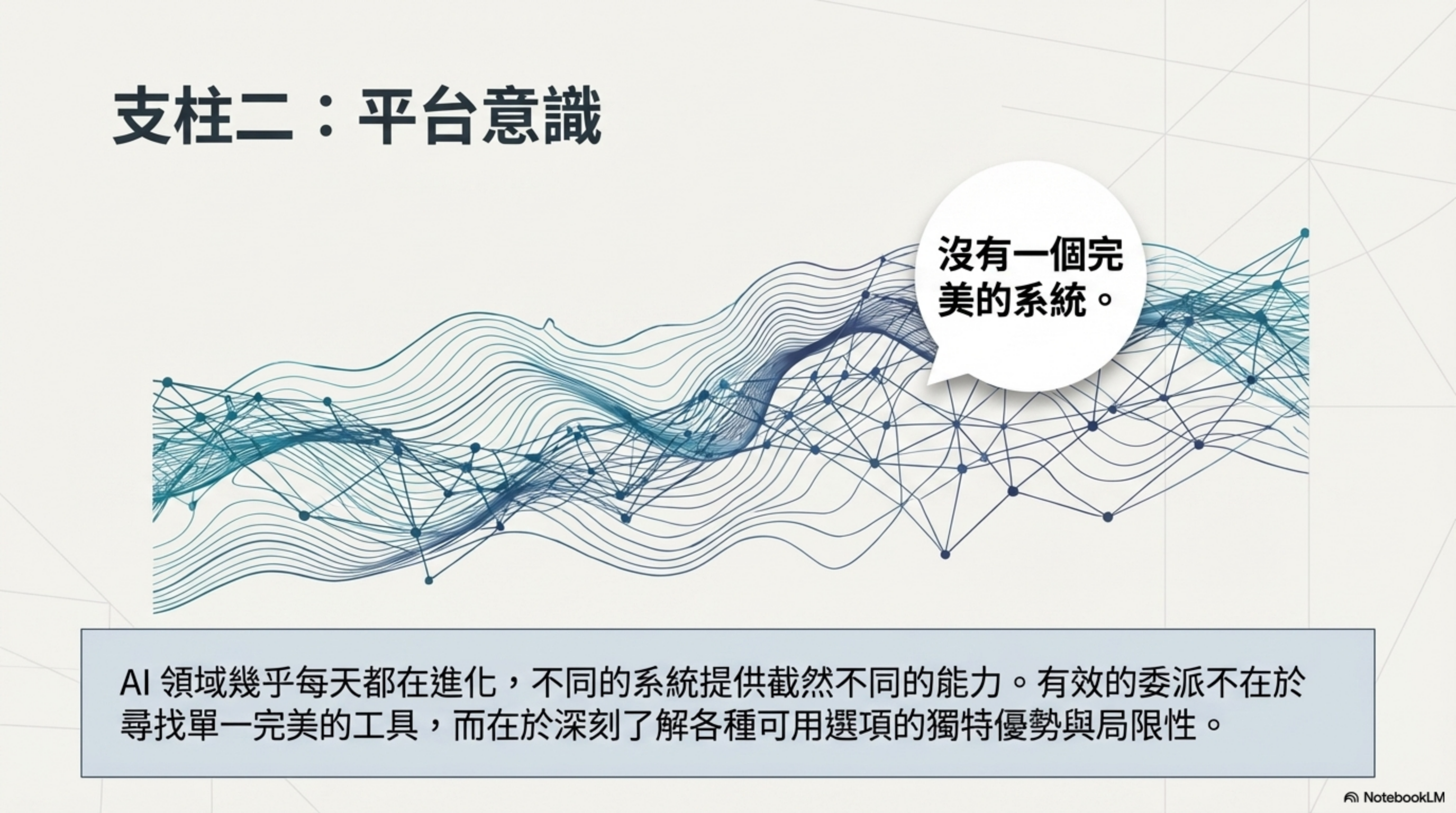 支柱二：平台意識——沒有一個完美的系統。AI 領域幾乎每天都在進化，有效的委派不在於尋找單一完美的工具，而在於深刻了解各種可用選項的獨特優勢與局限性