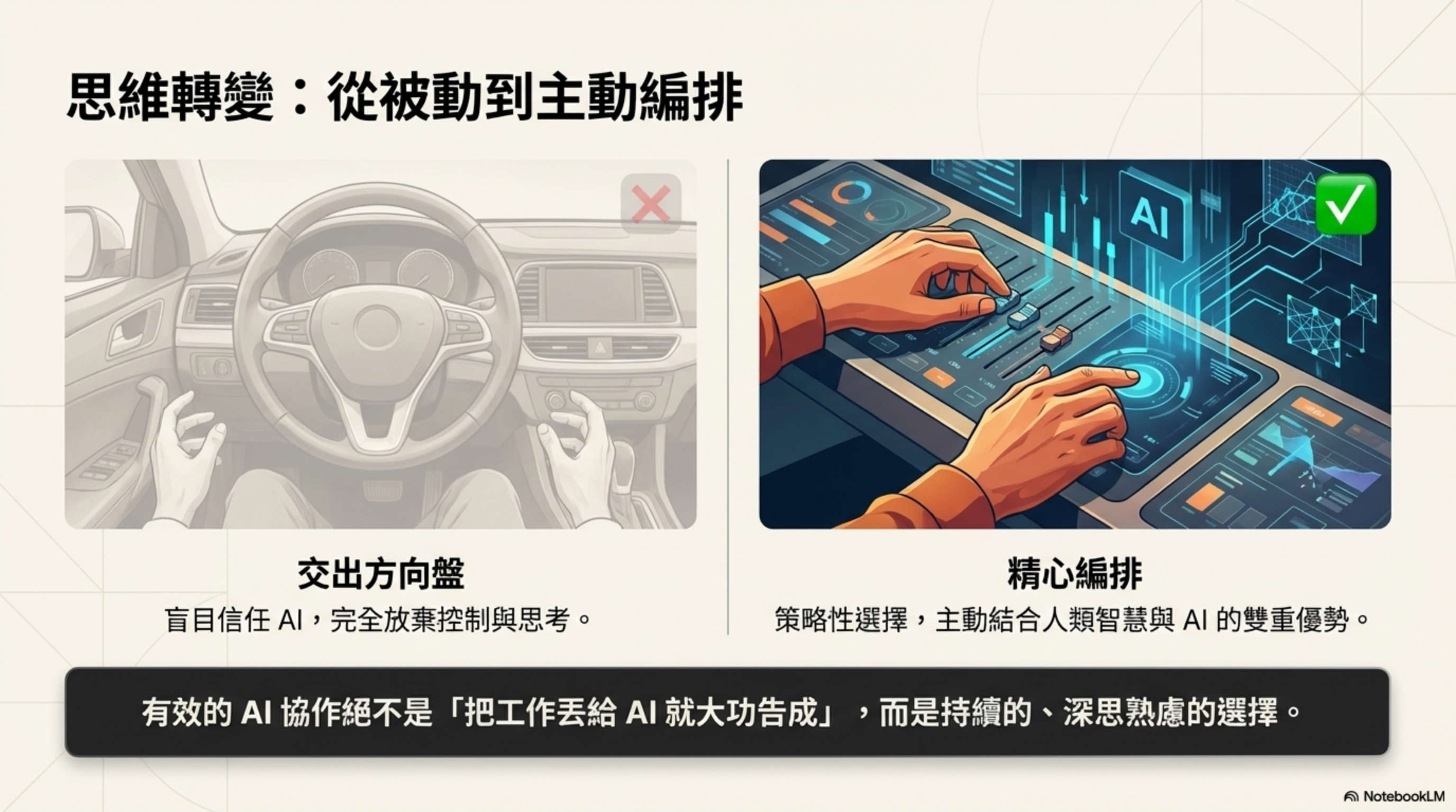 思維轉變：從被動到主動編排——交出方向盤（盲目信任 AI，完全放棄控制與思考）→ 精心編排（策略性選擇，主動結合人類智慧與 AI 的雙重優勢）。有效的 AI 協作絕不是「把工作丟給 AI 就大功告成」，而是持續的、深思熟慮的選擇